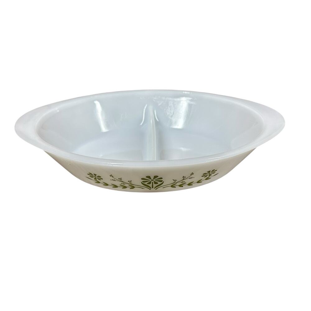 Vtg 60s Oval Glasbake White Green Crazy Daisy Divided Oval Casserole Dish 12”